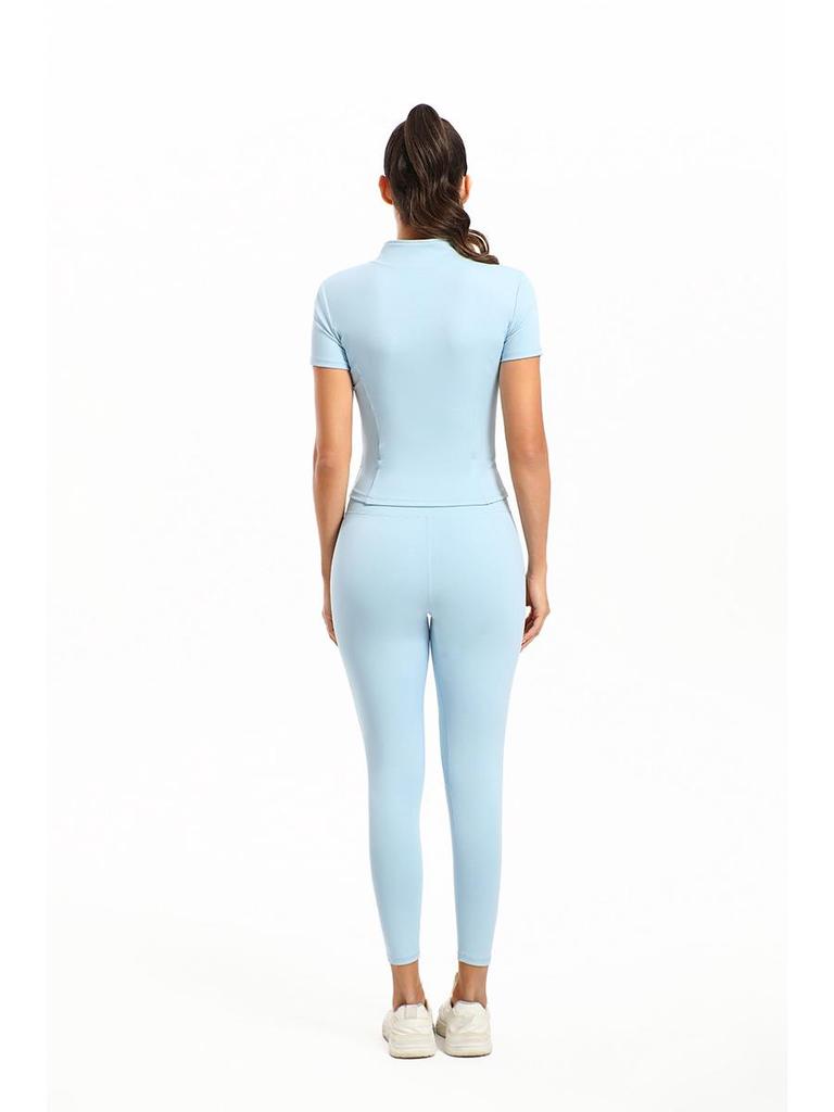 European & American Solid Color Yoga Two-Piece Set: Short Sleeve Top & Nine-Point Pants