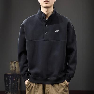 Autumn Heavy Half-Open Polo Neck Sweater Men'S American Trendy Brand Embroidered Outer Wear Long-Sleeved Loose Pullover Casual Jacket