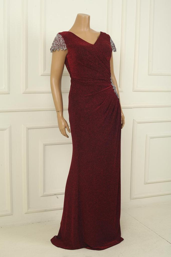 Front Back V Neck Sleeve and Waist Stone Detailed Lined Draped Glittery Plus Size Lycra Long Dress