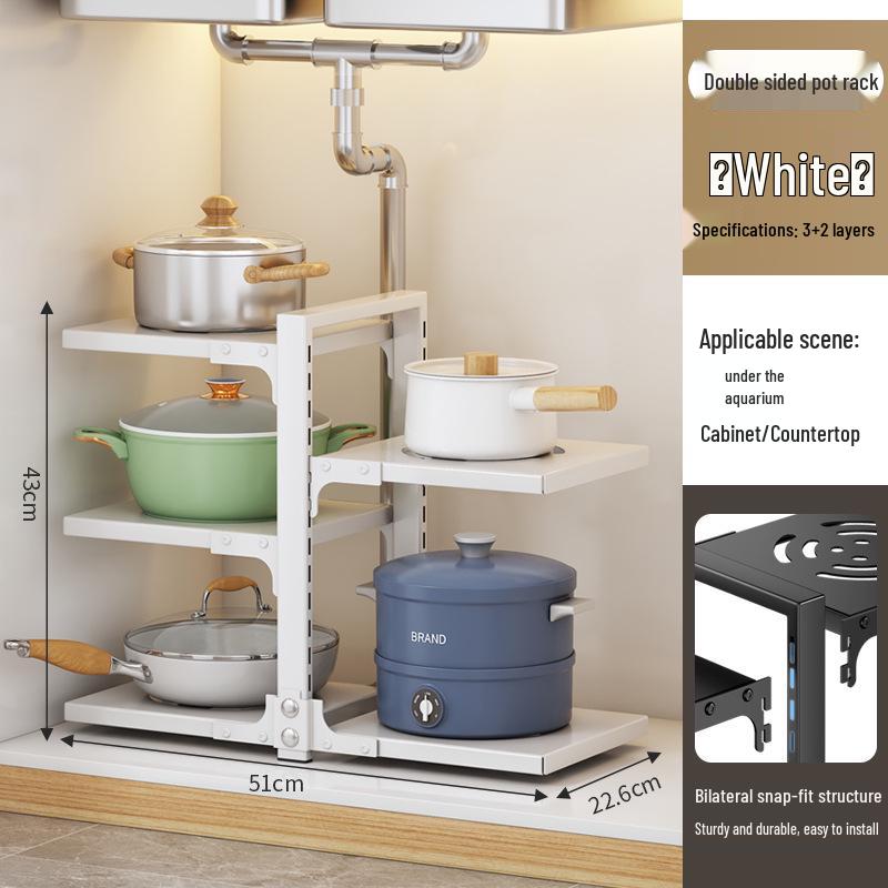 Estante de almacenamiento de ollas y utensilios de cocina de múltiples capas para cocina, organizador de encimera bajo el fregadero, diseño de doble cara