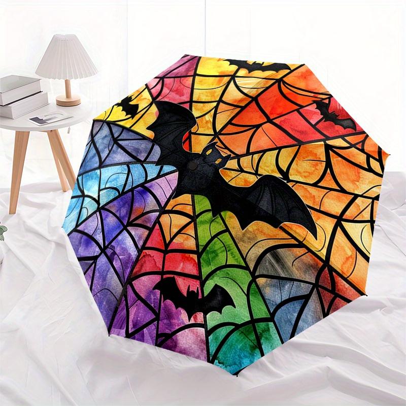 Bunte Fledermaus Buntglas Fensteraufkleber für Halloween DekorationenRegenschirm, Tragbarer 3-fach Kompakter Regenschirm, Weihnachtsgeschenk ES595