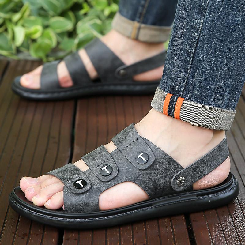 Men's Leather Sandals Breathable Soft Comfortable Slippers Summer Casual Shoes Slip-On Lightweight Flats Beach Walking Sandals