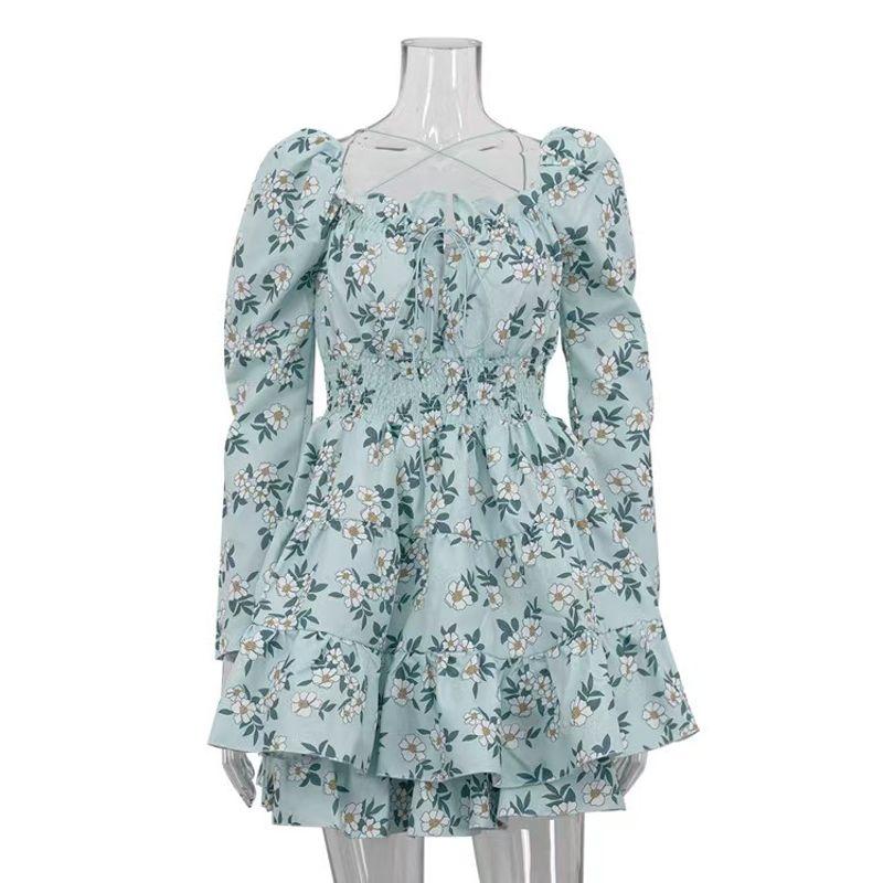 

New Arrival French Style Print Dress Shoelace Square Collar Elastic Waist Pettiskirt Printed Lace up Dress Blue S