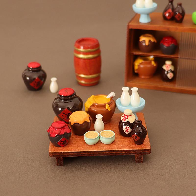 1 Set 1/6 1/12 Dollhouse Miniature Food And Game Simulation Low Table Square Table Wine Jar Wine Bowl Sake Model