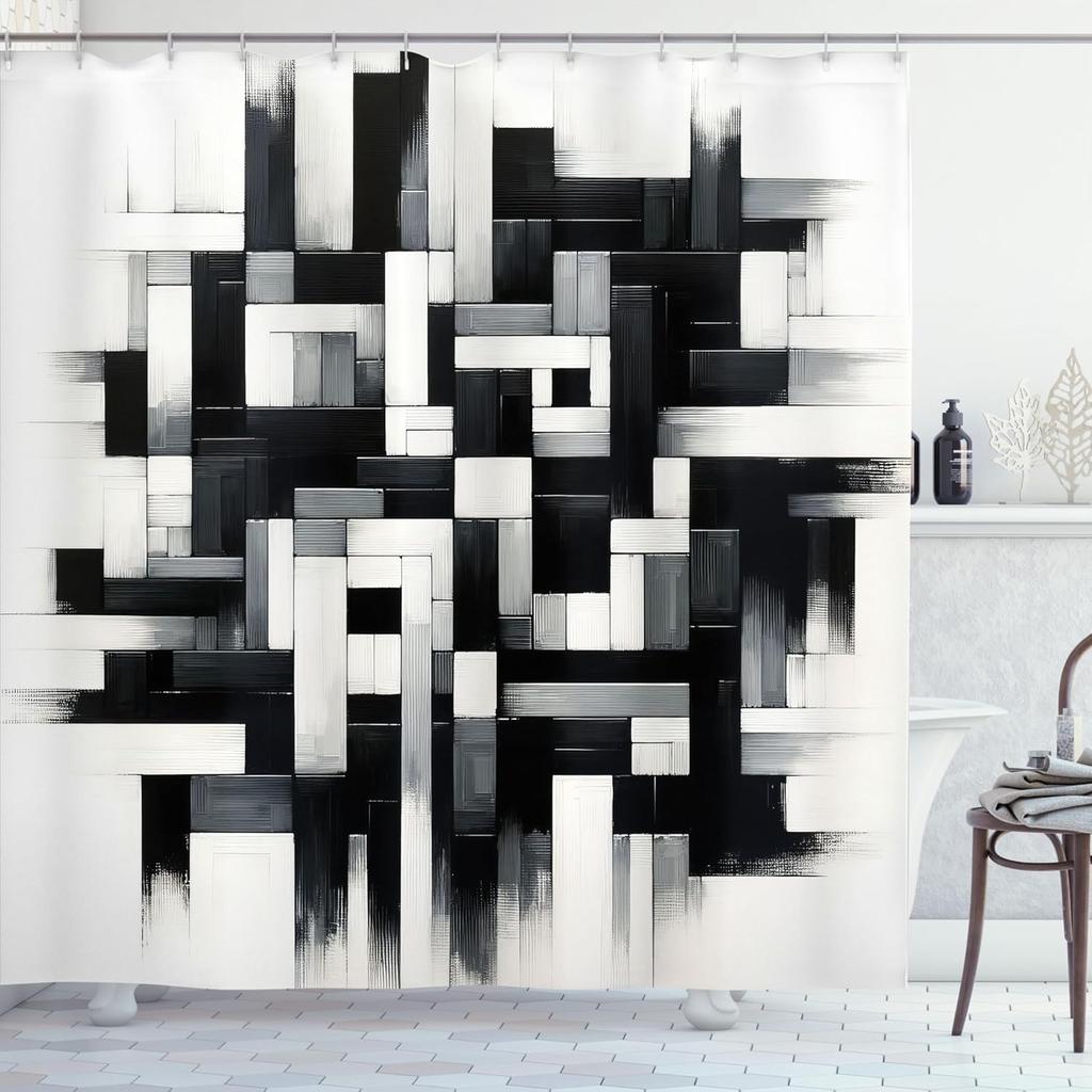 Black And White Shower Curtain, Sketchy Look Brushstrokes Maze Squares And Rectangles Monochrome, Cloth Fabric Bathroo