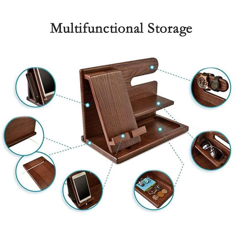 Wooden Bedside Wood Phone Docking Station Holder Wallet Stand Multifunctional Watch Storage Rack Home Desktop Decoration