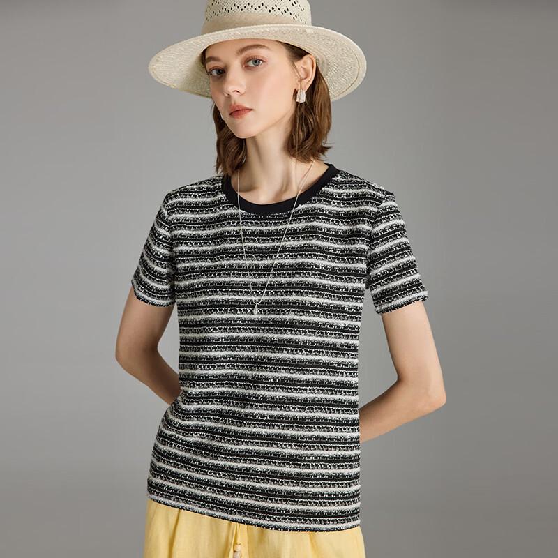 Women s French Style Striped Color-block Short Sleeve T-Shirt L чёрный