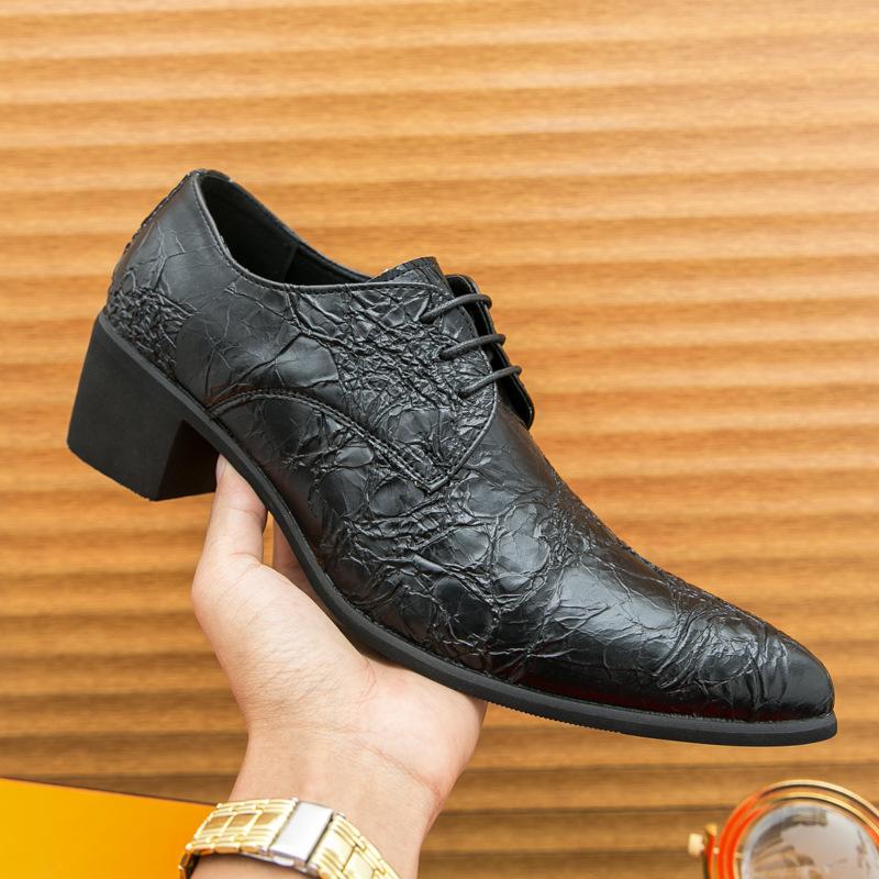 Men's Large Size Dress Business Casual Shoes Retro Lace-up Pointed Leather Shoes High Heels Cuban Shoes Heightening Men's Shoes