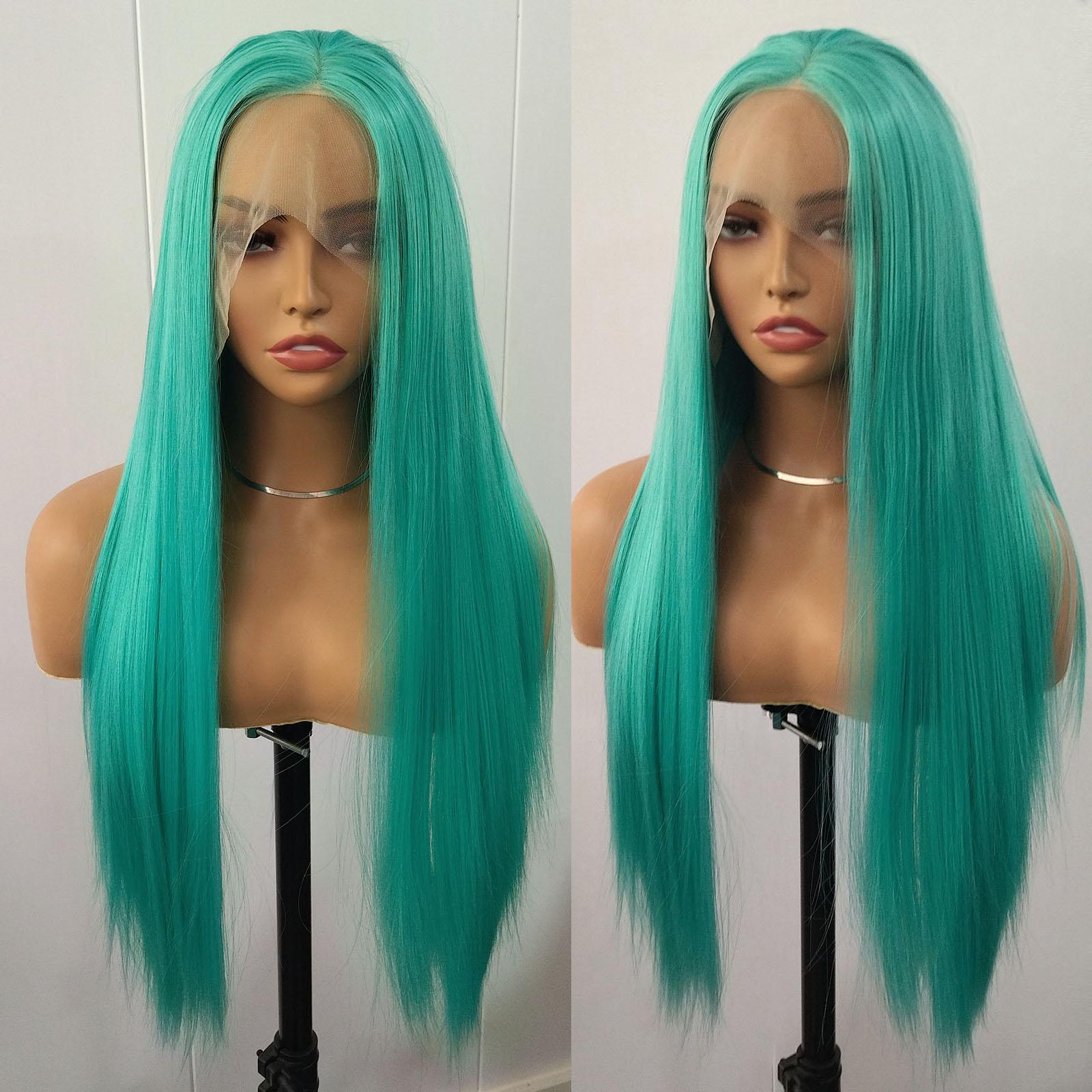 

AIMEYA Green Lace Front Wig Long Silky Straight Synthetic Lace Hair Heat Resistant Natural Hairline Daily Use Cosplay Wigs (Light Green,18inches&Lace Front)
