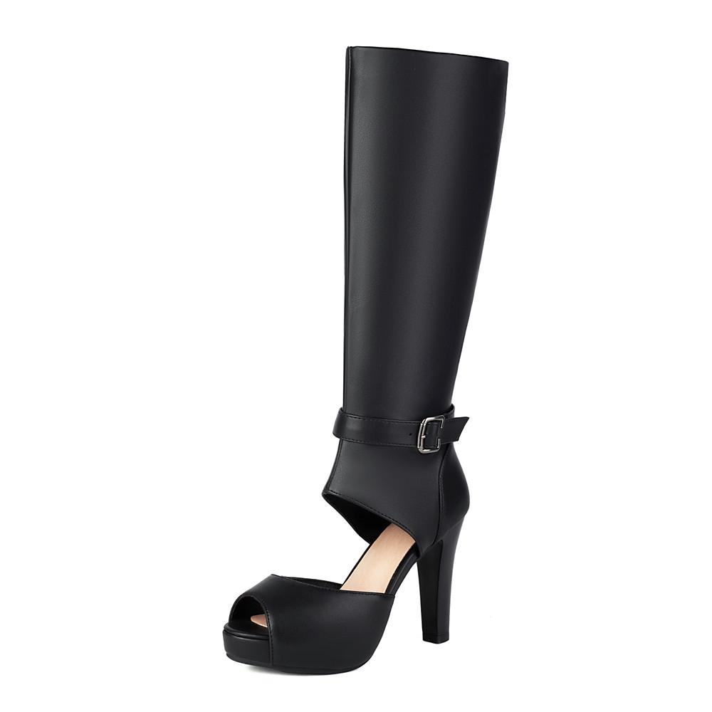 Fashion Summer Women's Platform High Heels Knee-length Boots Sexy Open toe Side Hollow High Heel Shoes Buckle Sandals Boats Mujer Black