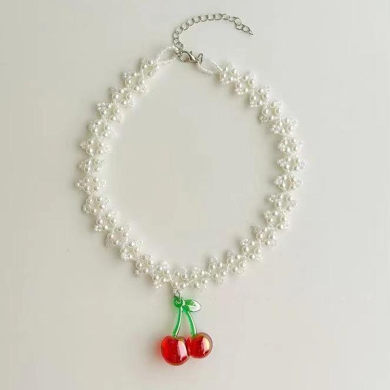 Fashion Cherry Strawberry Pendant Necklace Sweet Double Layer Pearl Clavicle Chain Choker Necklace Jewelry Neck Chain