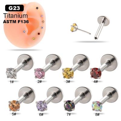 1.2*8mm Titanium Alloy Labret Stud with Colored Cubic Zirconia for Cartilage, Tragus, and Conch Piercings