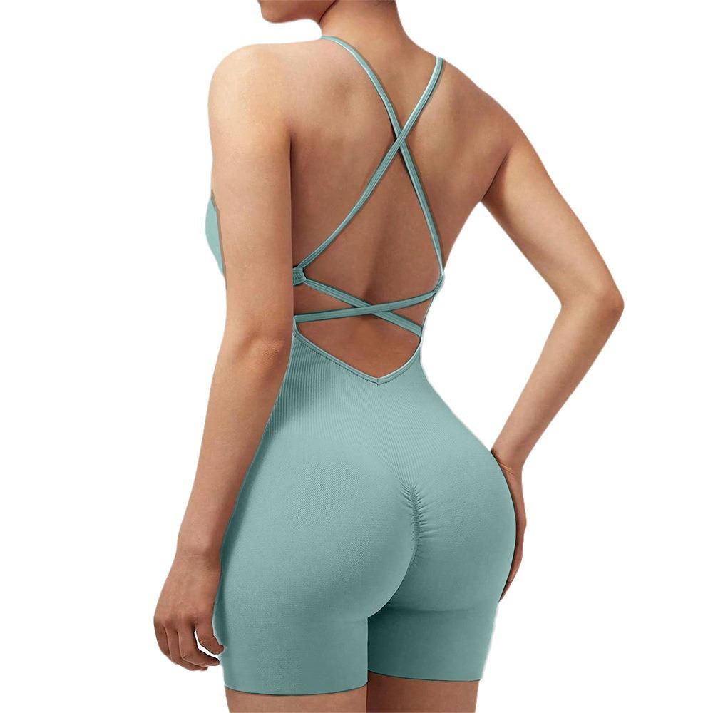 Seamless Peach Butt Yoga Bodysuit with Spaghetti Straps and Open Back