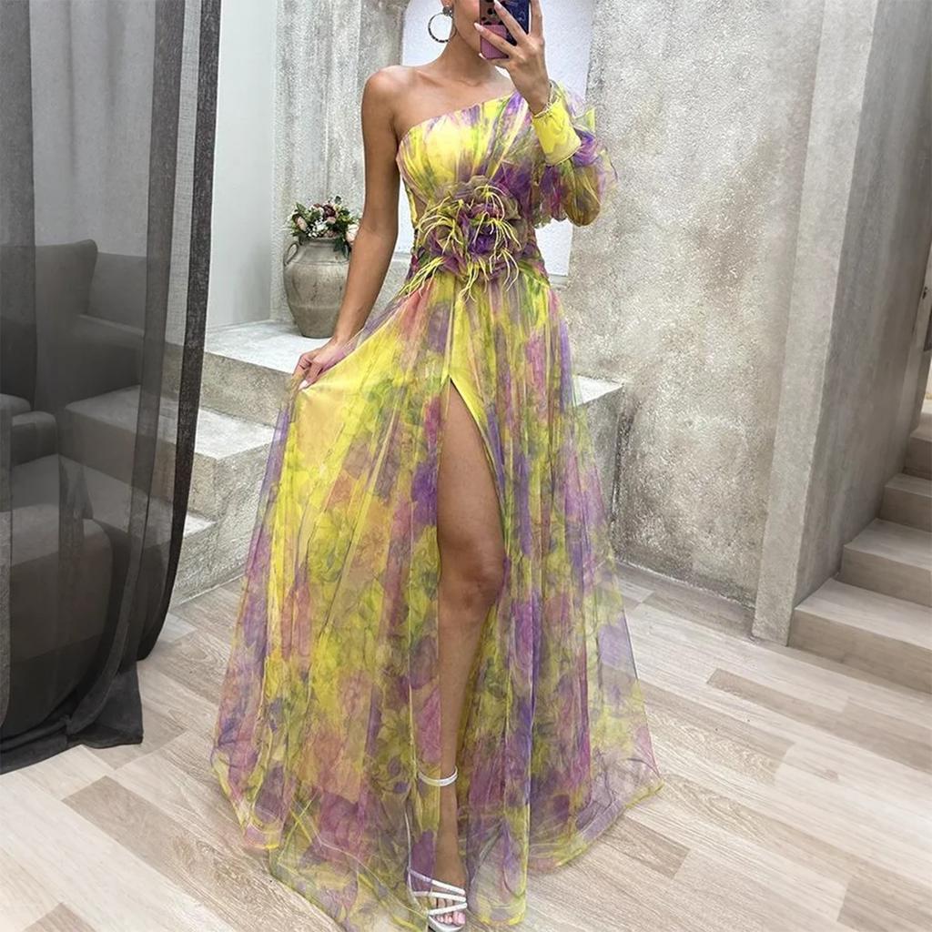 Women's Summer Dress Slanted Shoulder Mesh Printed Suspender Holiday Casual Party Dress