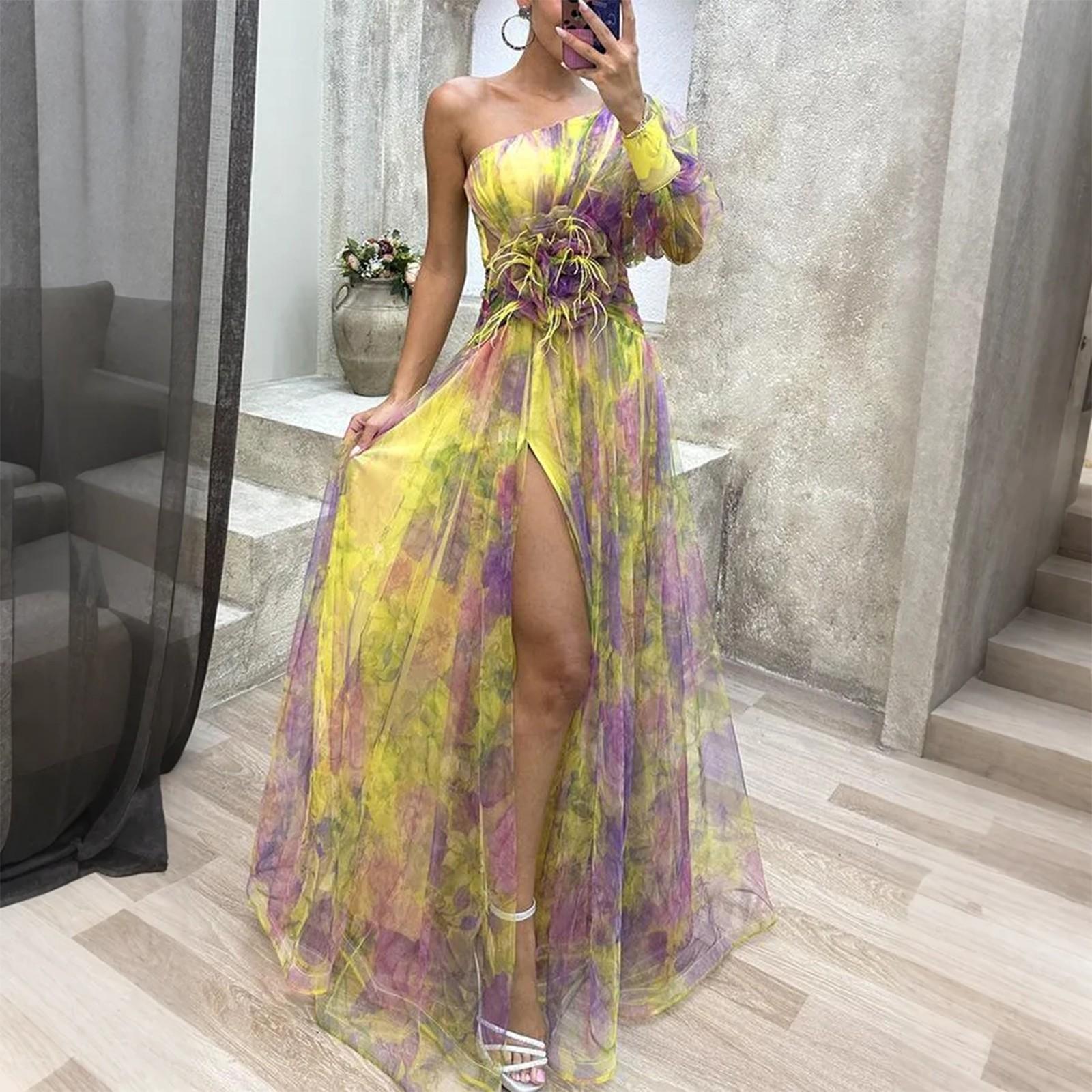 

Женское летнее платье с косыми плечами, сетчатый принт, подтяжки, праздничное повседневное вечернее платье XL жёлтый