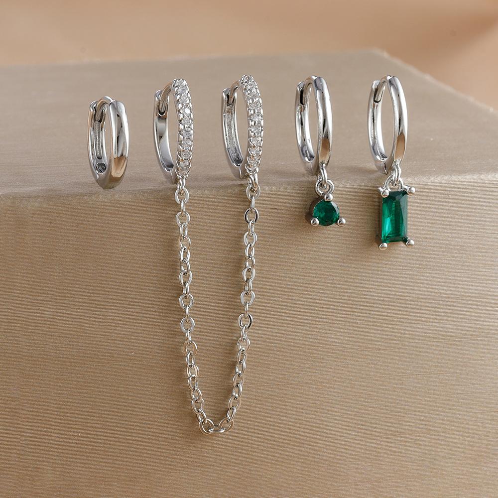 4pcs Fashion Colorful Zirconia Chain Square Earrings Set for Women Two Hole Round Circle Gold Color Hoop Earring Wedding Jewelry