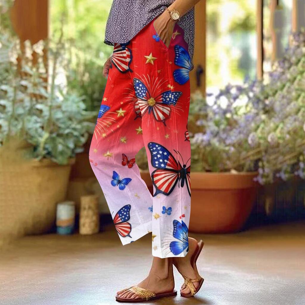 Dámské ležérní módní potištěné kalhoty s rovnými nohavicemi s kapsami