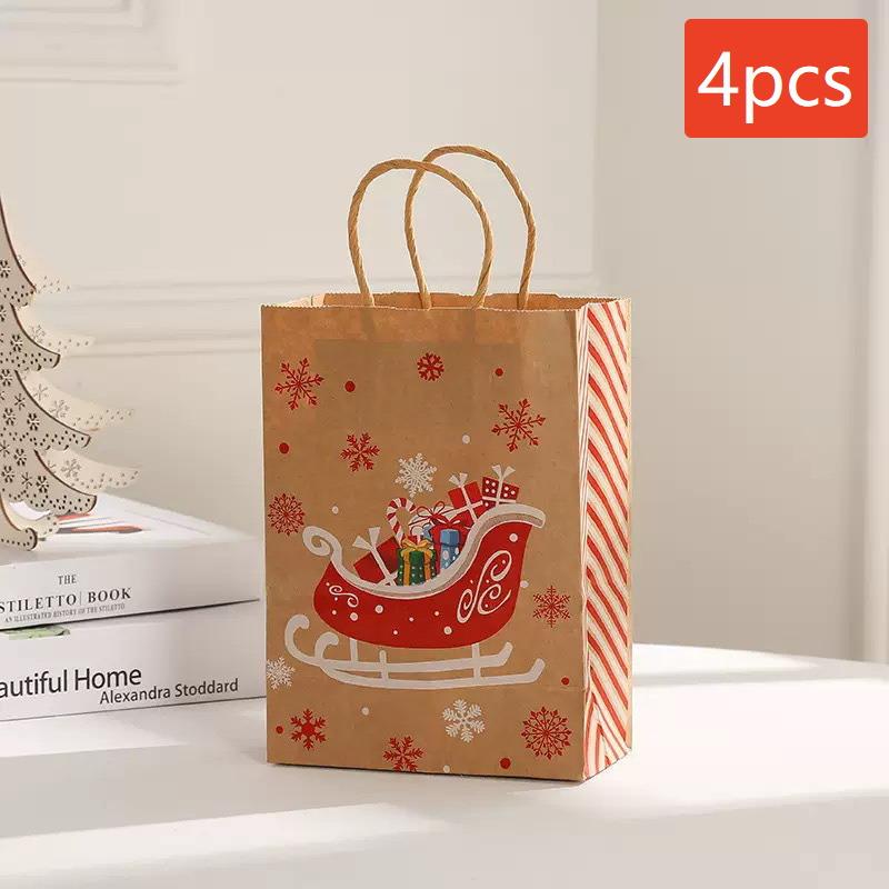 4-Pack Small Christmas Gift Bags, Red Christmas Tree, Santa Hat, Portable Kraft Paper Bags, Party Bakery Store Gift Packaging