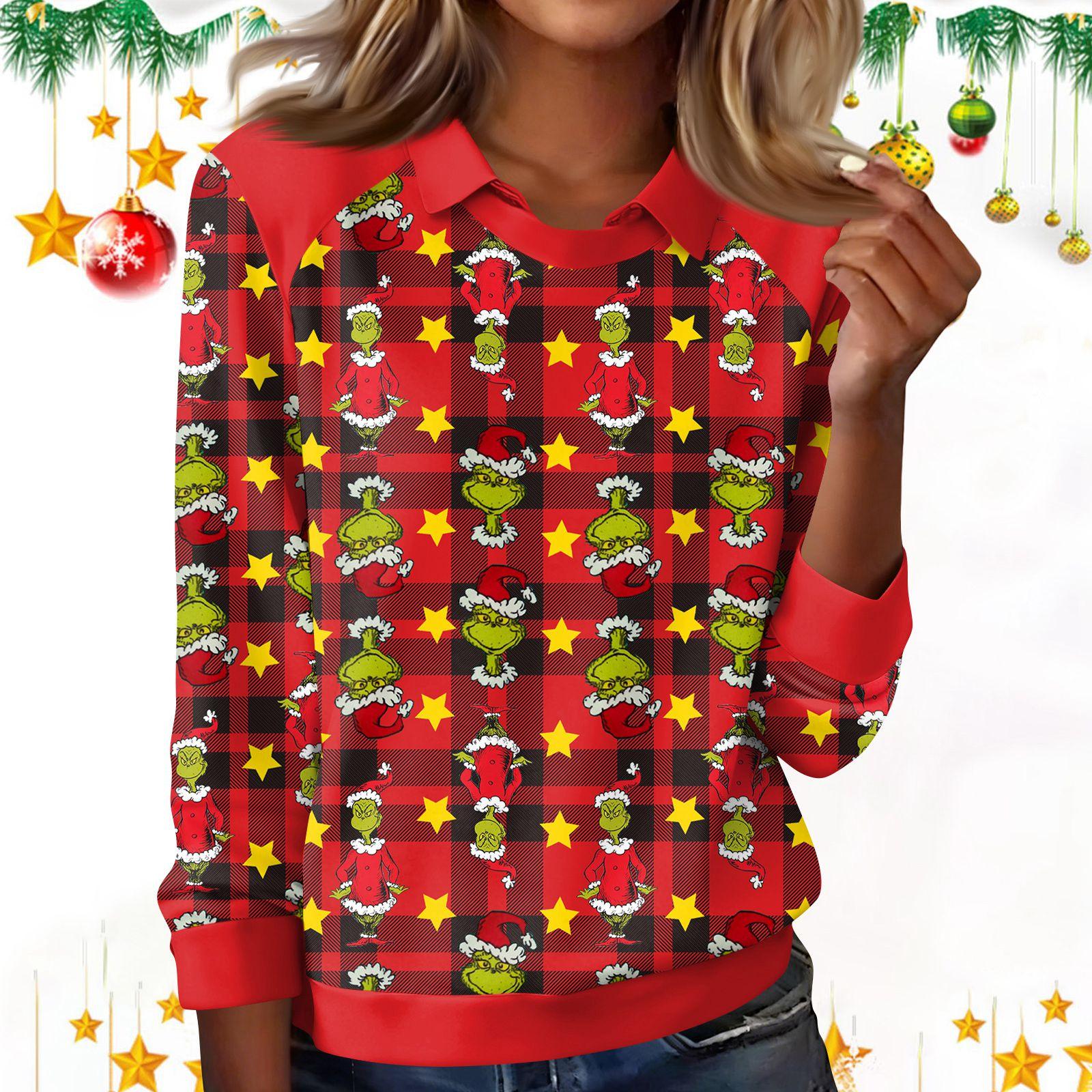 

Женская модная футболка с рождественским принтом, лацканами и длинными рукавами, повседневный топ с круглым вырезом S