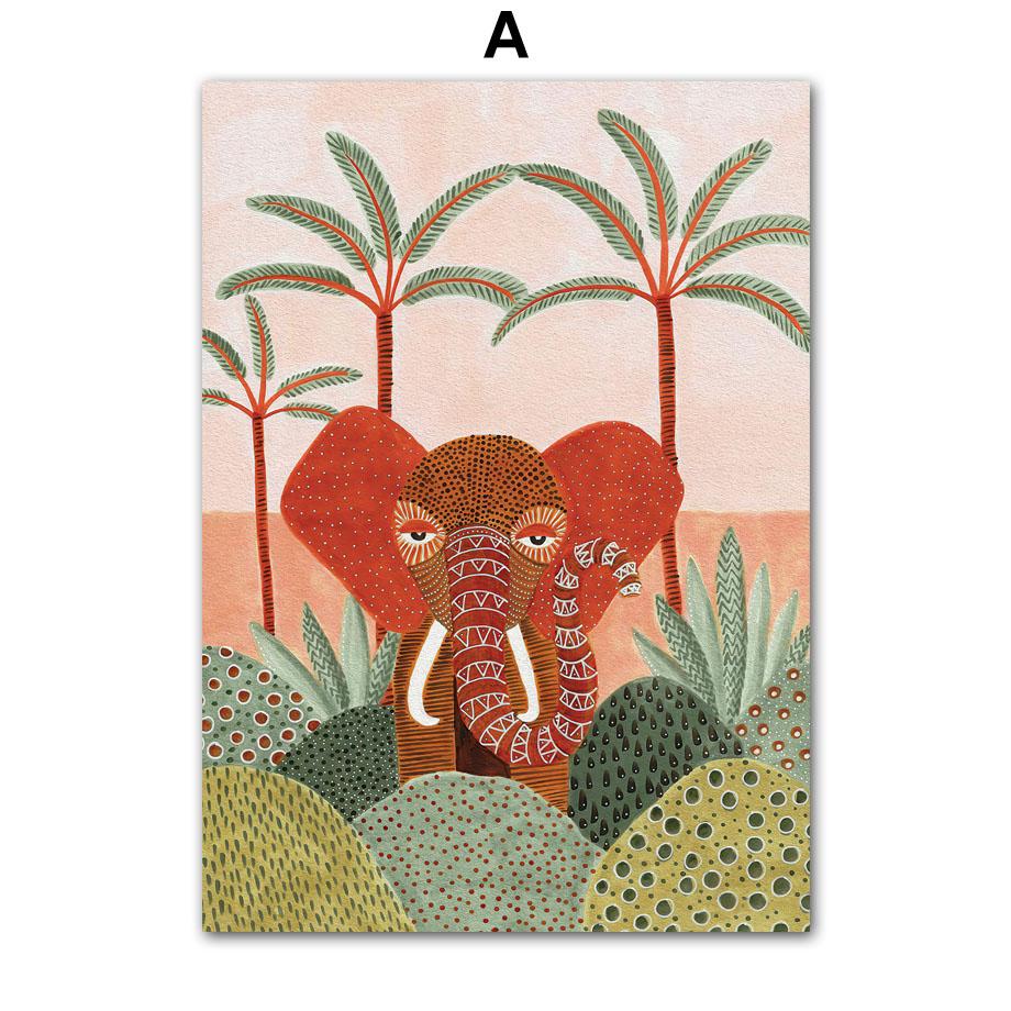 Akvarell Tropiskt Träd Giraff Elefant Boho Abstrakt Affischer Och Tryck Väggkonst Canvas Målning Bild Baby Barnrum Dekor
