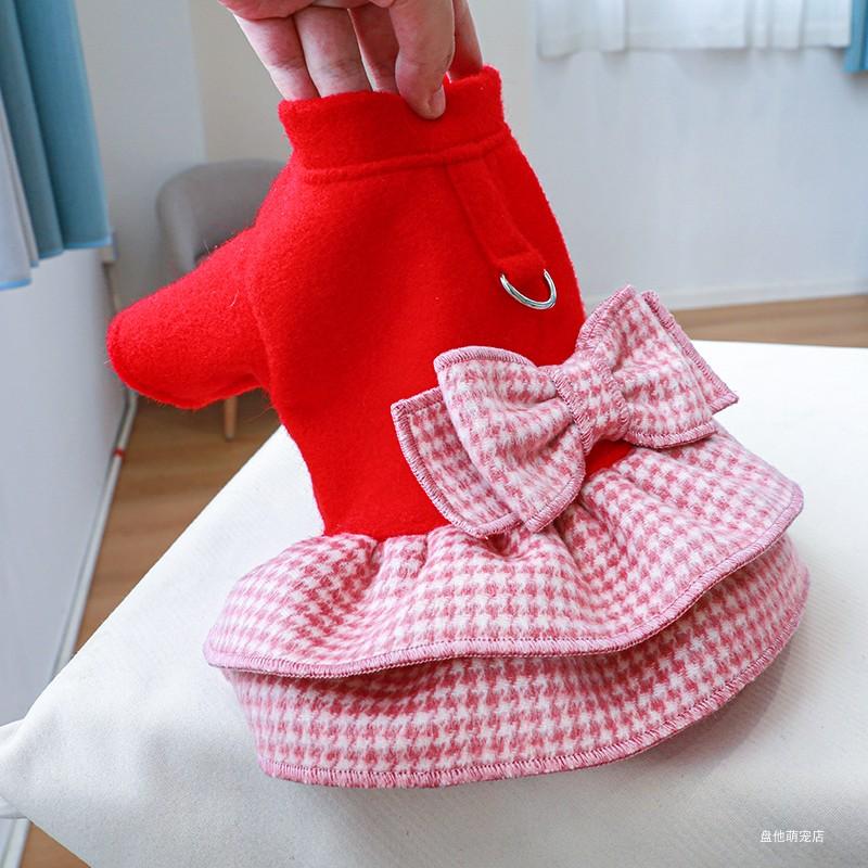 1PC Pet Clothes Cat Autumn Winter Thickened Warm Red Princess Dress Belt Traction Buckle Suitable for Small and Medium Sized Dog