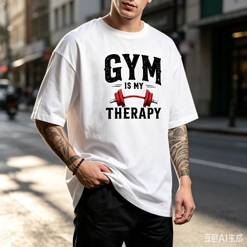 Gym Is My Therapy Tshirt For Unisex Fitness Dumbbell Print Casual Streetwear Sports Short Sleeve Tee