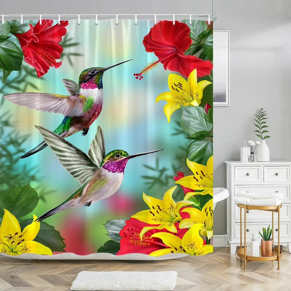 

Колибри Цветочная Шторка для Душа Акварельная Птица Цветок Декор для Дома Ванная Комната Полиэстеровая Ткань Набор Штор для Ванной Крючок Моющийся 90x180cm-35x70in