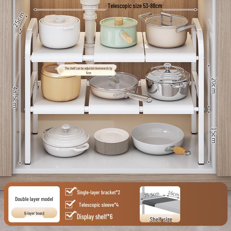 Retractable Under-Sink Tiered Shelf and Pot Storage Rack