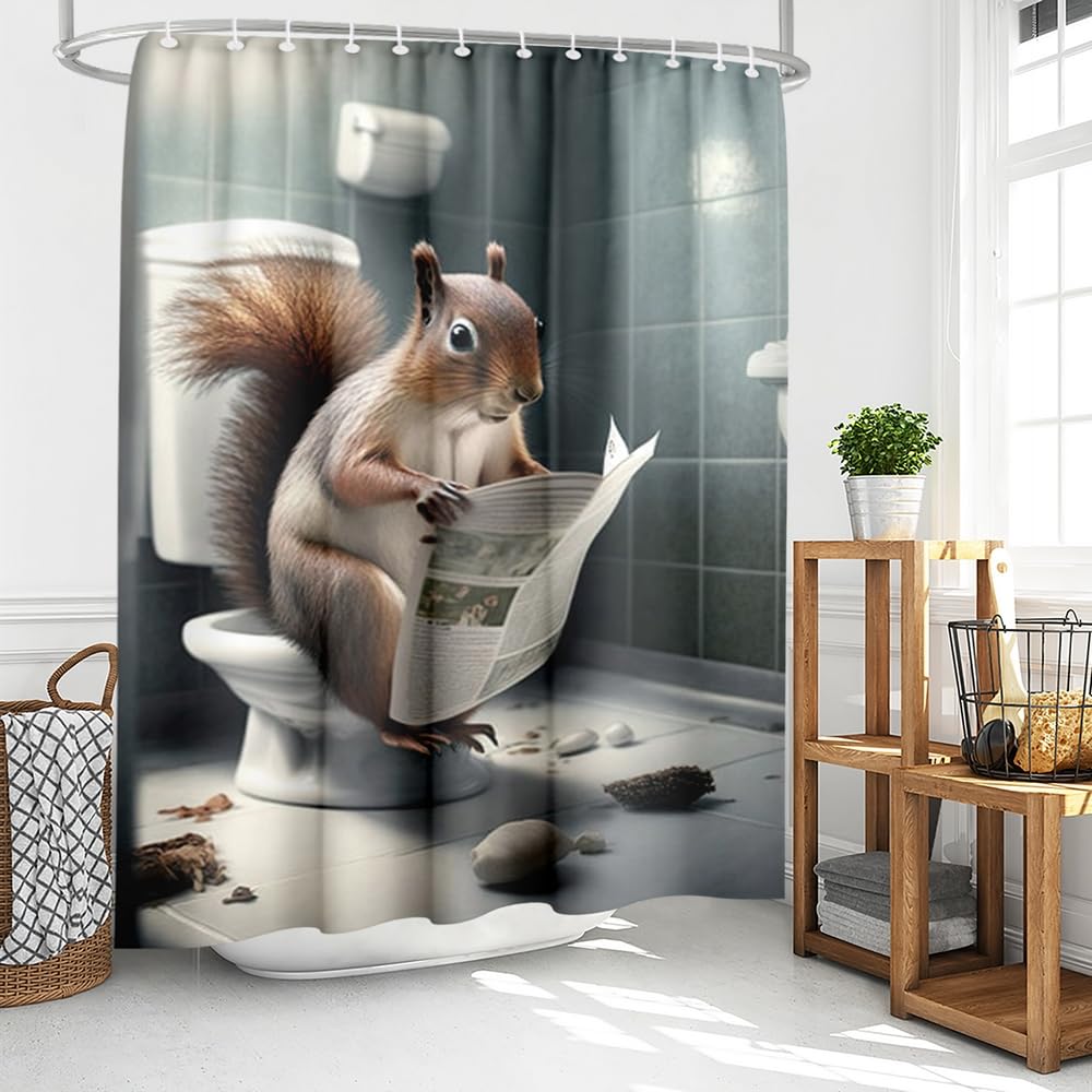 Humorous Doberman Toilet Shower Curtain, Doberman Pcher Reading Newspaper On Toilet, Waterproof Fabric Bath Curtain