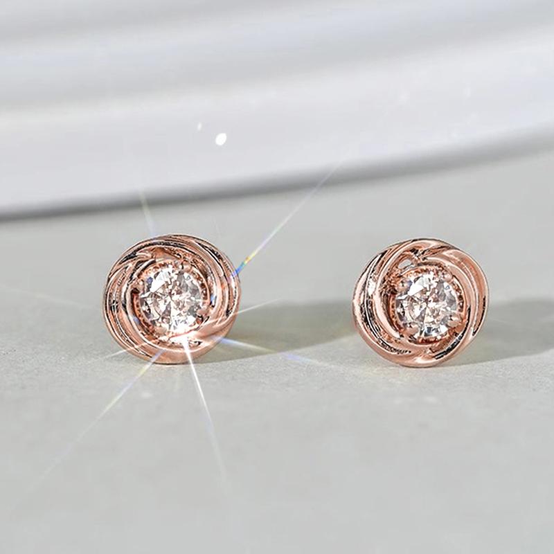 Simple Elegant Stud Earrings Female Versatile Daily Jewelry for Teens Rose Gold Color Bright Round Zirconia Accessories