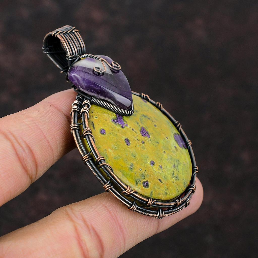 Stichtite Pendant Copper Wire Wrapped Pendant Handmade Jewelry Dainty Gemstone Pendant Chevron Amethyst Copper Wire Jewelry Wrapping Pendant