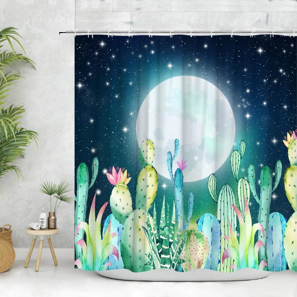 Cactus Shower Curtain Tropical Plant Greenery Moon Flower Desert Hummingbird Rustic Wood Panel Polyester Fabric Bathroom Decor