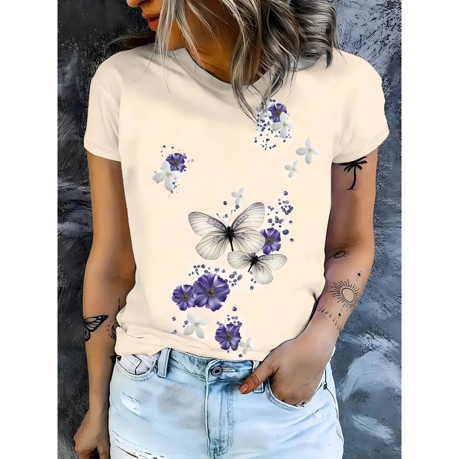 Women's 3D Printed Butterfly & Floral Casual T-Shirt - Vibrant Purple/White/Black/Blue/Grey, Breathable Machine-Washable Fabric, All-Season Comfort