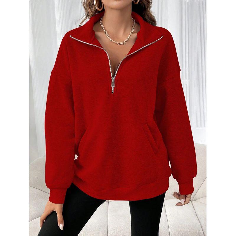 

2025 Zipper Collar Solid Color Casual T Women s Hoodie Red L