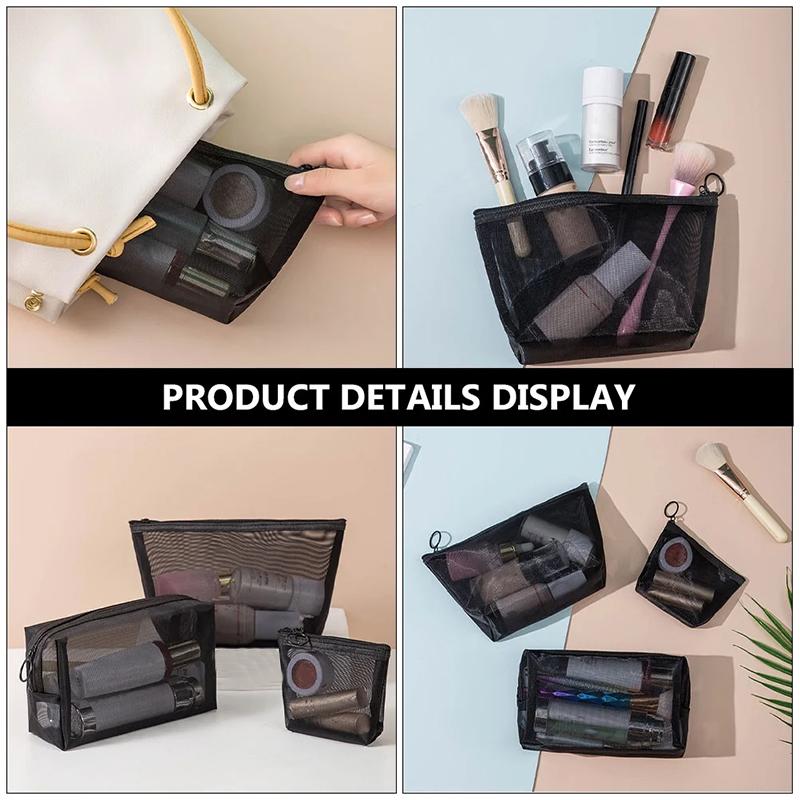 S/M/L Black Mesh Cosmetic Bags Transparent Portable Travel Toiletry Lipstick Case Makeup Bag Storage Pouches Organizer Wholesale