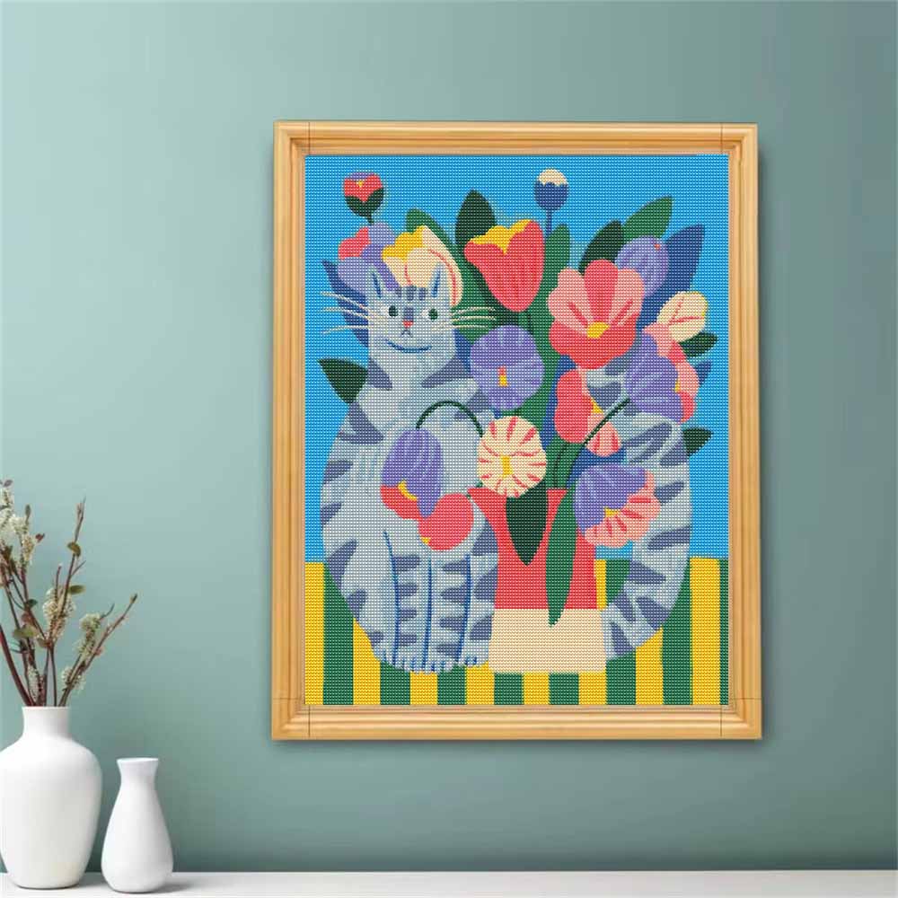 DIY 5D Diamond Art Kit Cute Cat and Flower Vase Pattern Full Drill Canvas Creative Craft for Modern Living Room Decor