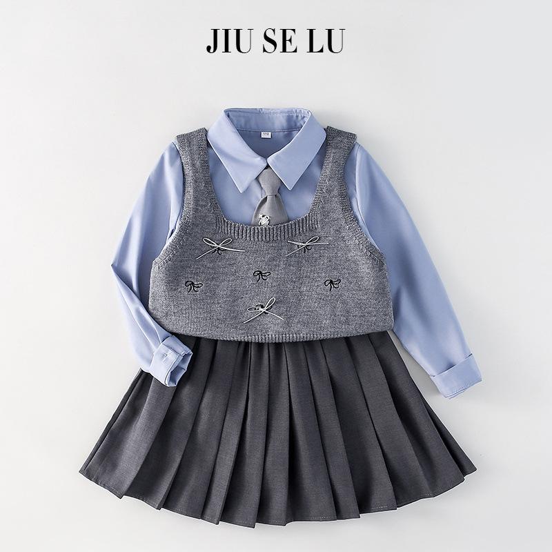 Girls' Autumn 2025 Academy Style: Bowknot Vest, Knit Vest & Pleated Skirt Set