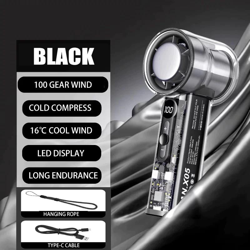 Turbo Fan Usb Rechargeable Foldable Hand Held With LED Display 5 Speed Adjustable Mini Portable Fan USB Type-C