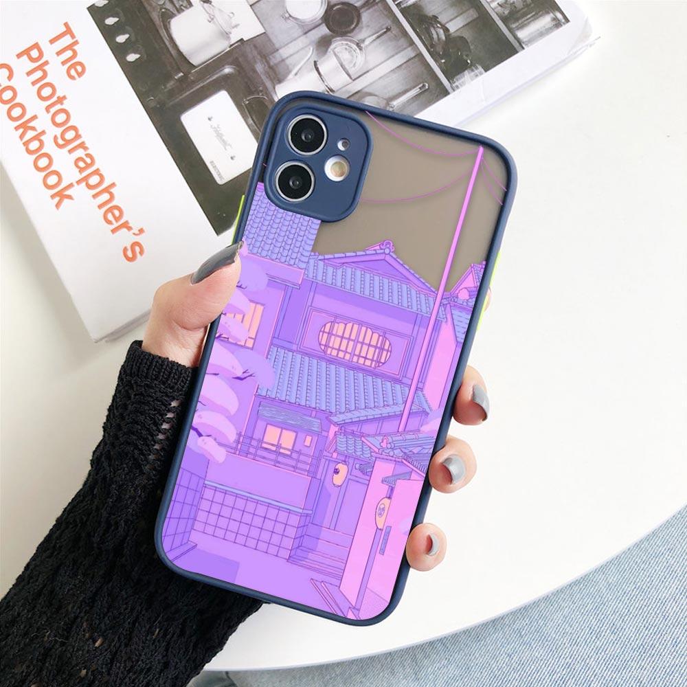 Matte Hülle für iPhone 11 12 13 14 Pm Pro Max XR X 8 7 Plus Pro XS Mini Skin Feeling Cover Japan Anime Handbemalte Hauslandschaft