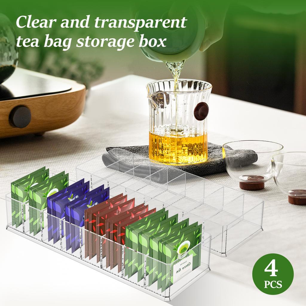 4Pcs Tea Bag Storage Box Acrylic Transparent Tea Packet Drawer Organizer with 8 Divider for Kitchen Cabinet Countertop
