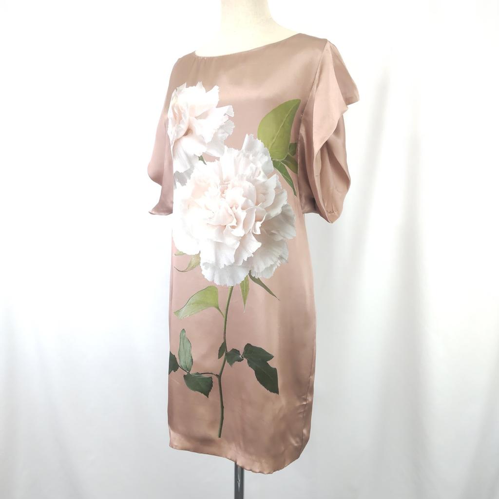 Excellent Condition Italy MAX&CO Silk 100% Short Sleeve Dress M Pink Floral Knee-Long(USED)