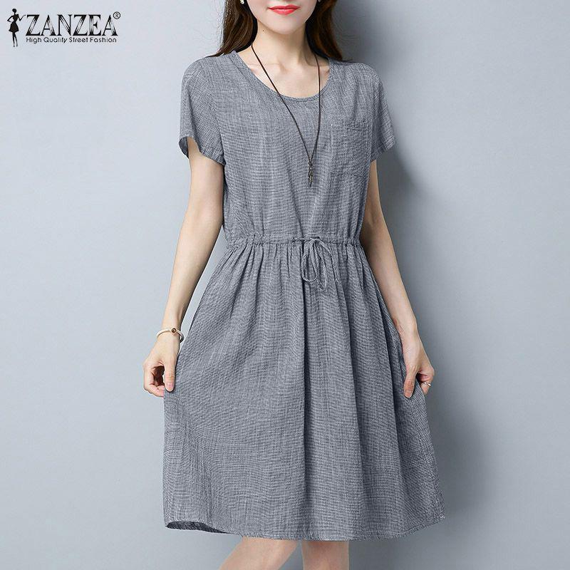 

ZANZEA Женское повседневное свободное летнее платье с круглым вырезом и короткими рукавами