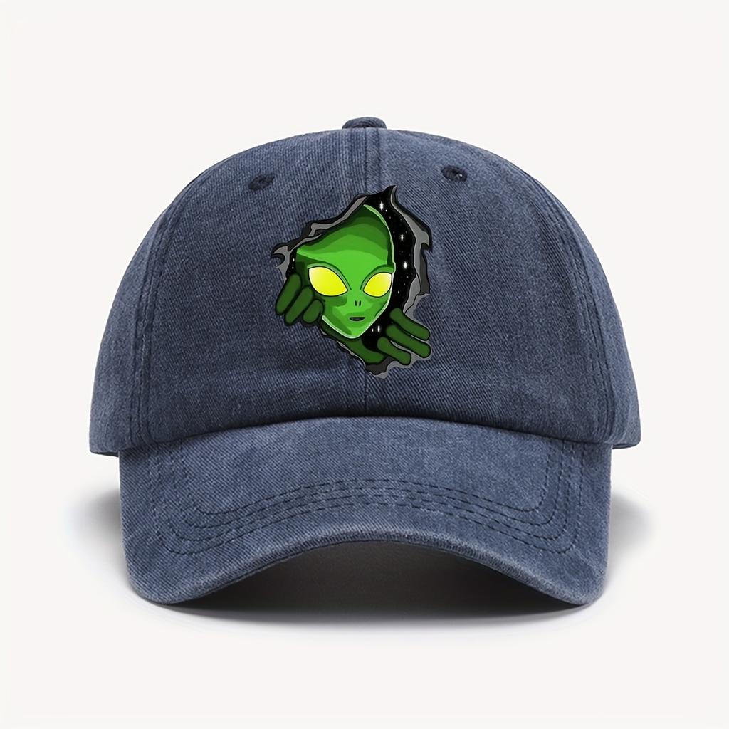 1 Piece Green Vintage Washed Baseball Cap Alien Print Sun Hat Adjustable For Halloween and Outdoor Fashion Headwear