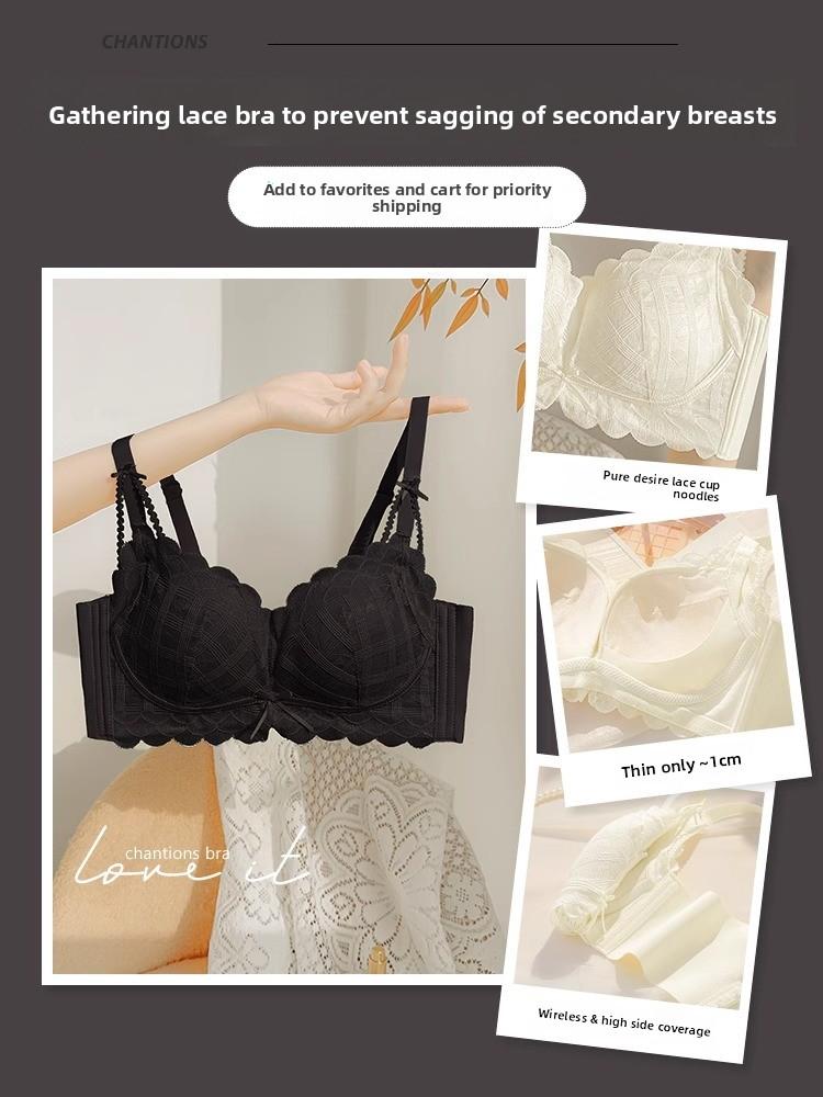 Coquette Lace Petal Soft Support Wireless Bra, Push Up Anti-Sag Side Gathering Small Bust Women Bra