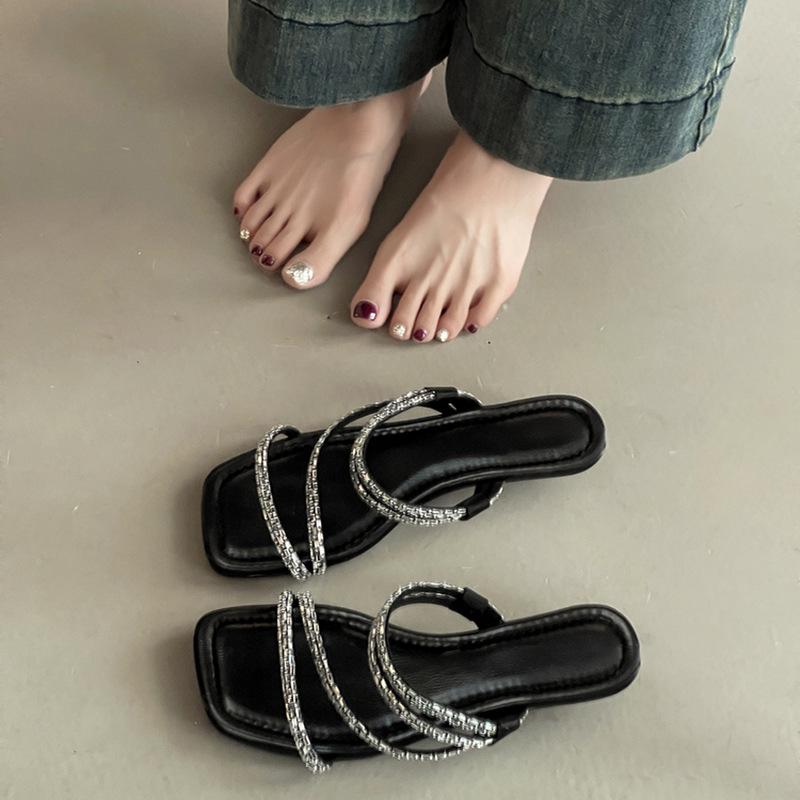 French low-heeled temperament cool slippers fairy shoes summer wear strap slippers combination rhinestone wedge sandals woman