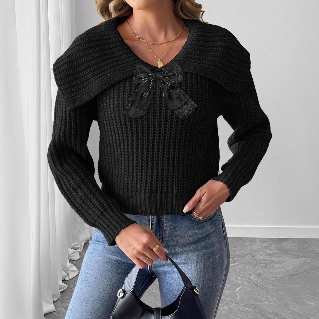 Women's Short Top Sweater for Autumn and Winter with A Large Lapel and Bow Tie Patchwork Pullover Sweater