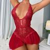 Women Sexy Nightdress Hollow Out See-through Lace Slim Fit Sleeveless Backless Deep V Neck Lace-up Halter Neck Open Crotch Lady Sleepwear Clothes