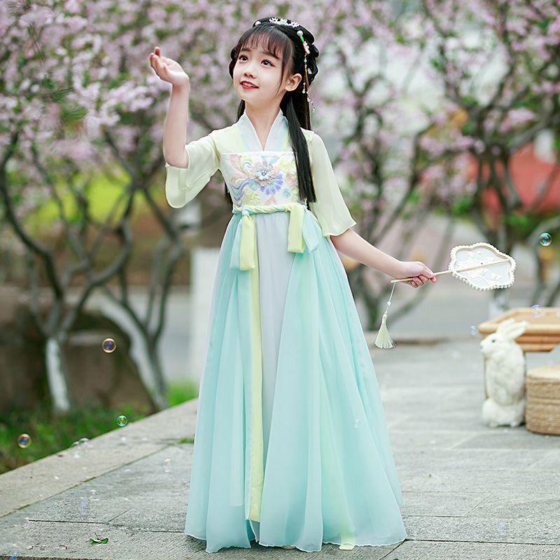 Girls' Short-Sleeve Hanfu: Spring/Summer Fairy Tang Style, Ancient Costume for Daily Wear & Performances