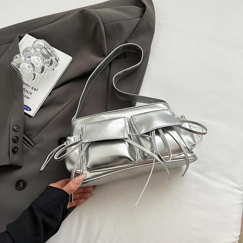 Fashion Underarm Shoulder Bag Red Silver Female Bag PU Leather Armpit Bag Chain Handbag Tote Clutch Bag High Capacity