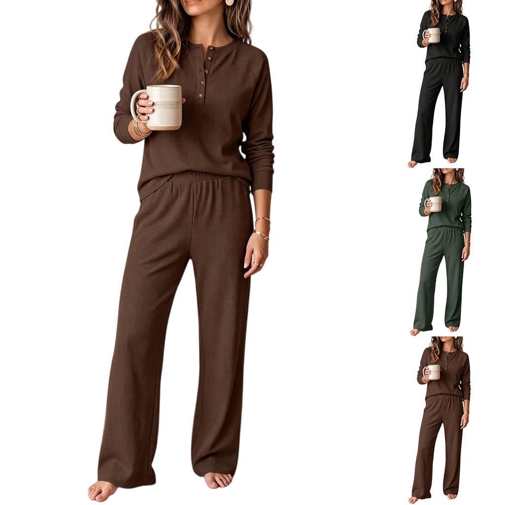 Women's 2 Piece Athleisure Set Long Sleeve Top Wide Leg Pants Loose Fit Casual Outfit